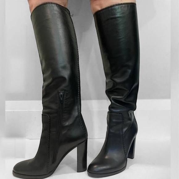 e'clat Black Knee-High Leather Heel Boots Size 37 - Picture 1 of 16